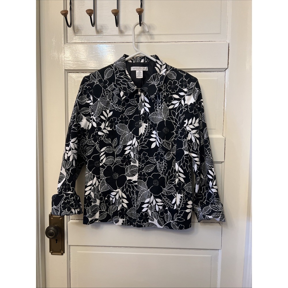 Pursuits Ltd Womens Size 12 Blazer Jacket Black White Floral Full Zip Front